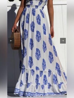 DRESS DAY White & Blue Printed Maxi Skirt elastic waist raw seams size small